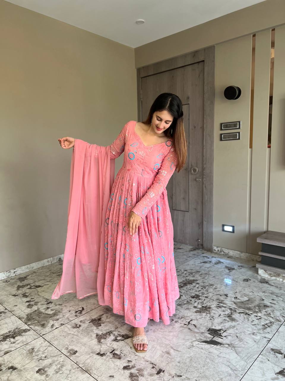 Baby Pink Anarkali Kurta Set with Beautiful Embroidery and Dupatta