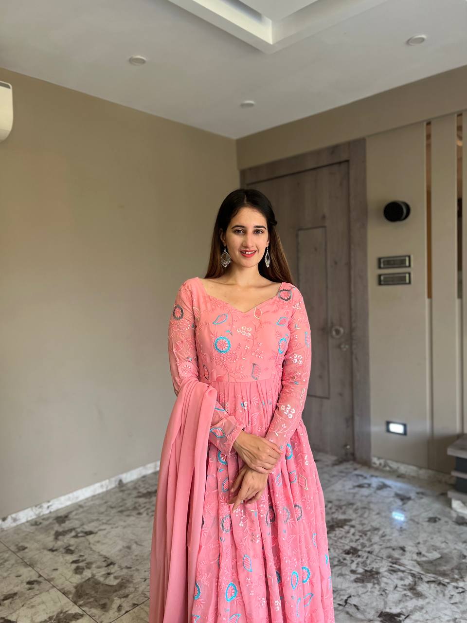 Baby Pink Anarkali Kurta Set with Beautiful Embroidery and Dupatta
