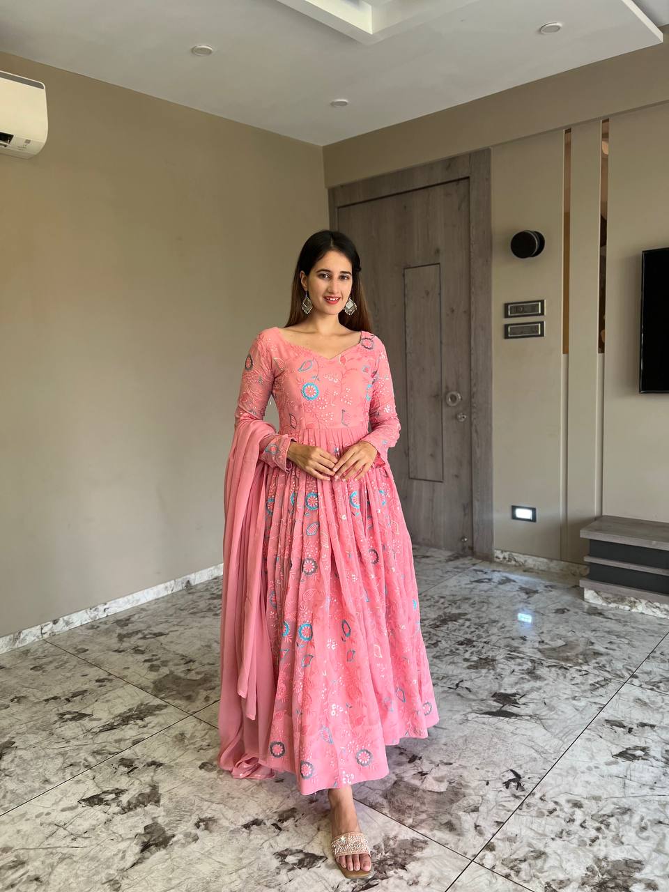 Baby Pink Anarkali Kurta Set with Beautiful Embroidery and Dupatta