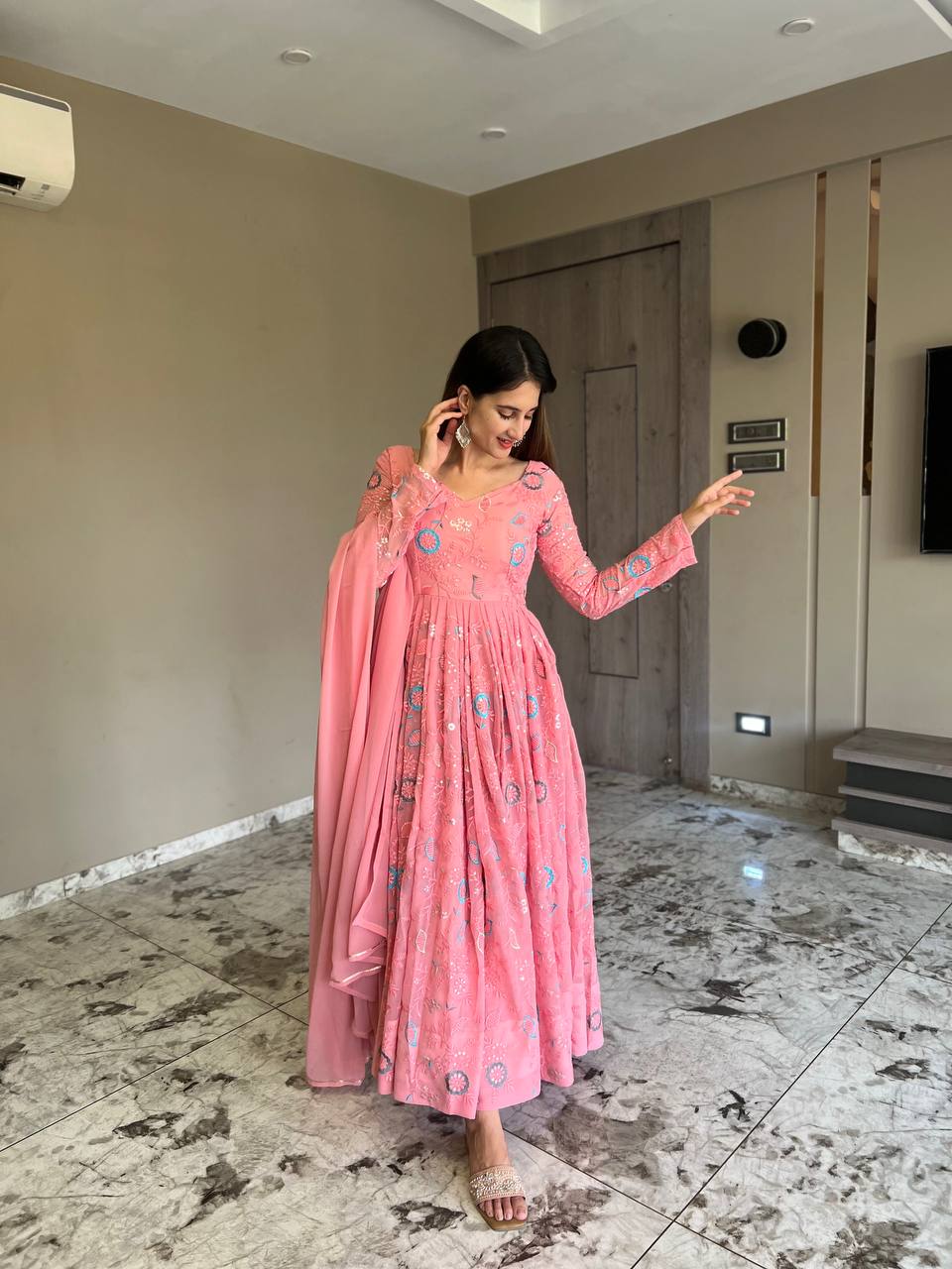 Baby Pink Anarkali Kurta Set with Beautiful Embroidery and Dupatta