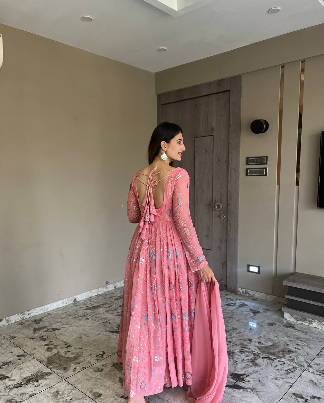 Baby Pink Anarkali Kurta Set with Beautiful Embroidery and Dupatta