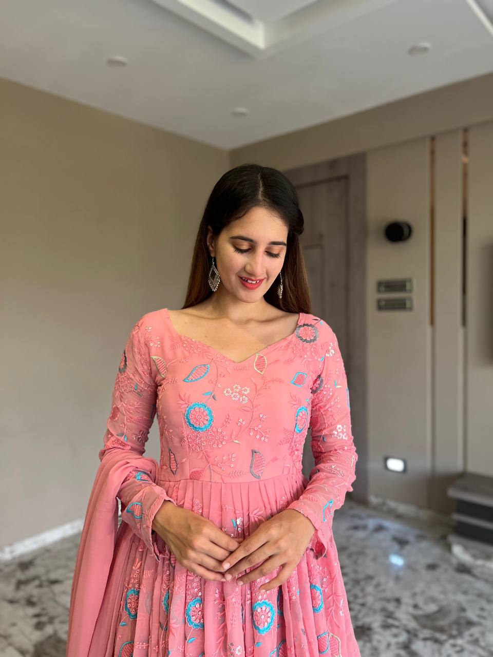 Baby Pink Anarkali Kurta Set with Beautiful Embroidery and Dupatta