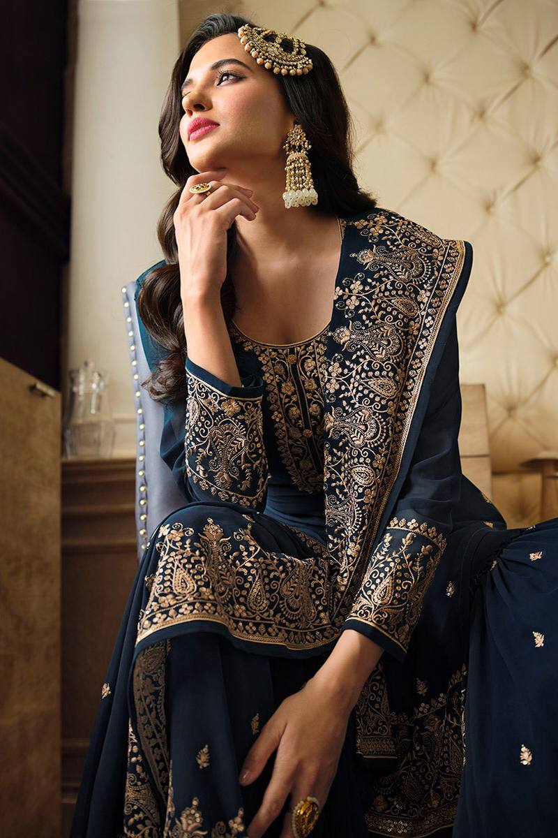 Navy Blue Straight Cut Georgette Sharara Suit