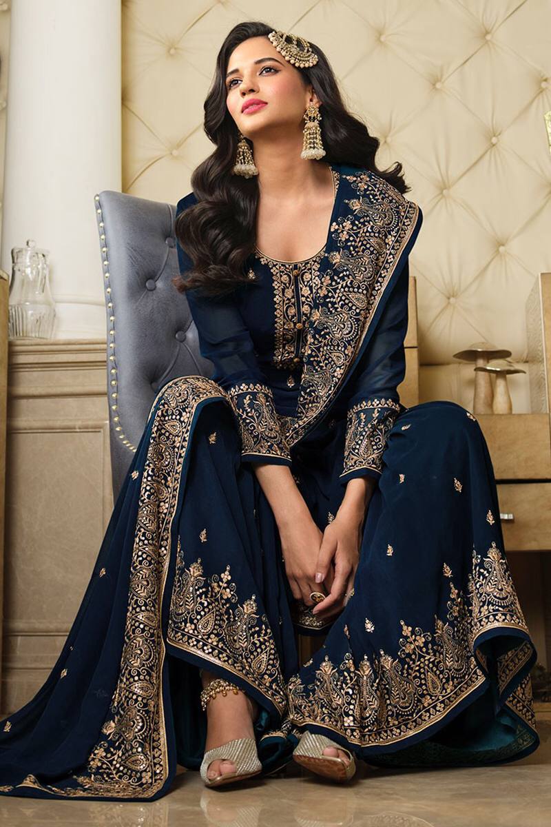 Navy Blue Straight Cut Georgette Sharara Suit