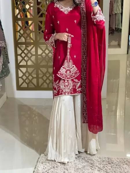 Designer Party Wear Heavy Chinon Silk Top, Palazzo & Dupatta Set
