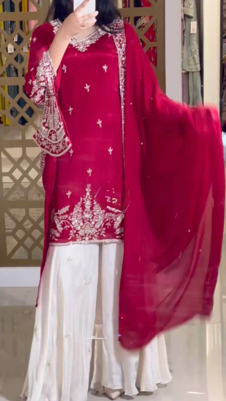 Designer Party Wear Heavy Chinon Silk Top, Palazzo & Dupatta Set