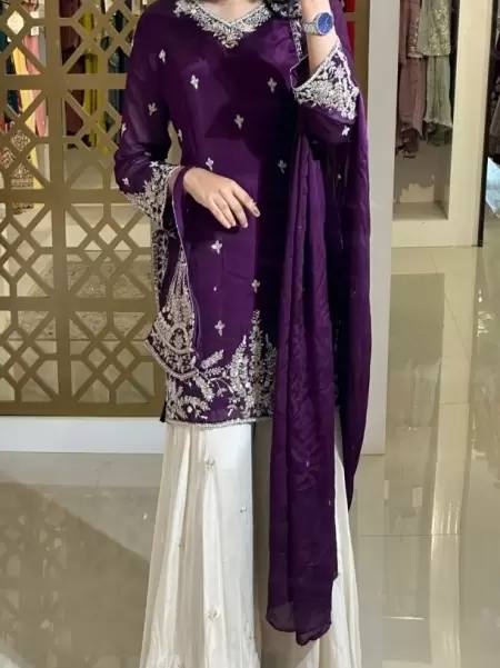 Designer Party Wear Heavy Chinon Silk Top, Palazzo & Dupatta Set