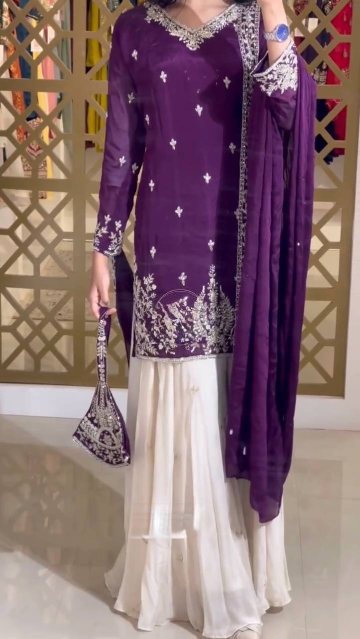 Designer Party Wear Heavy Chinon Silk Top, Palazzo & Dupatta Set