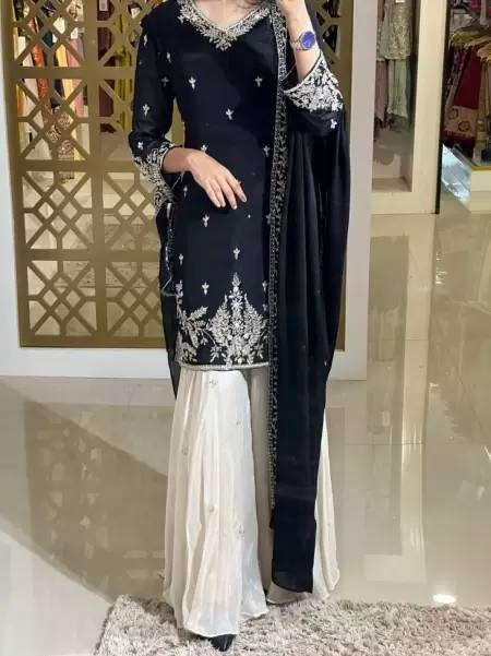 Designer Party Wear Heavy Chinon Silk Top, Palazzo & Dupatta Set
