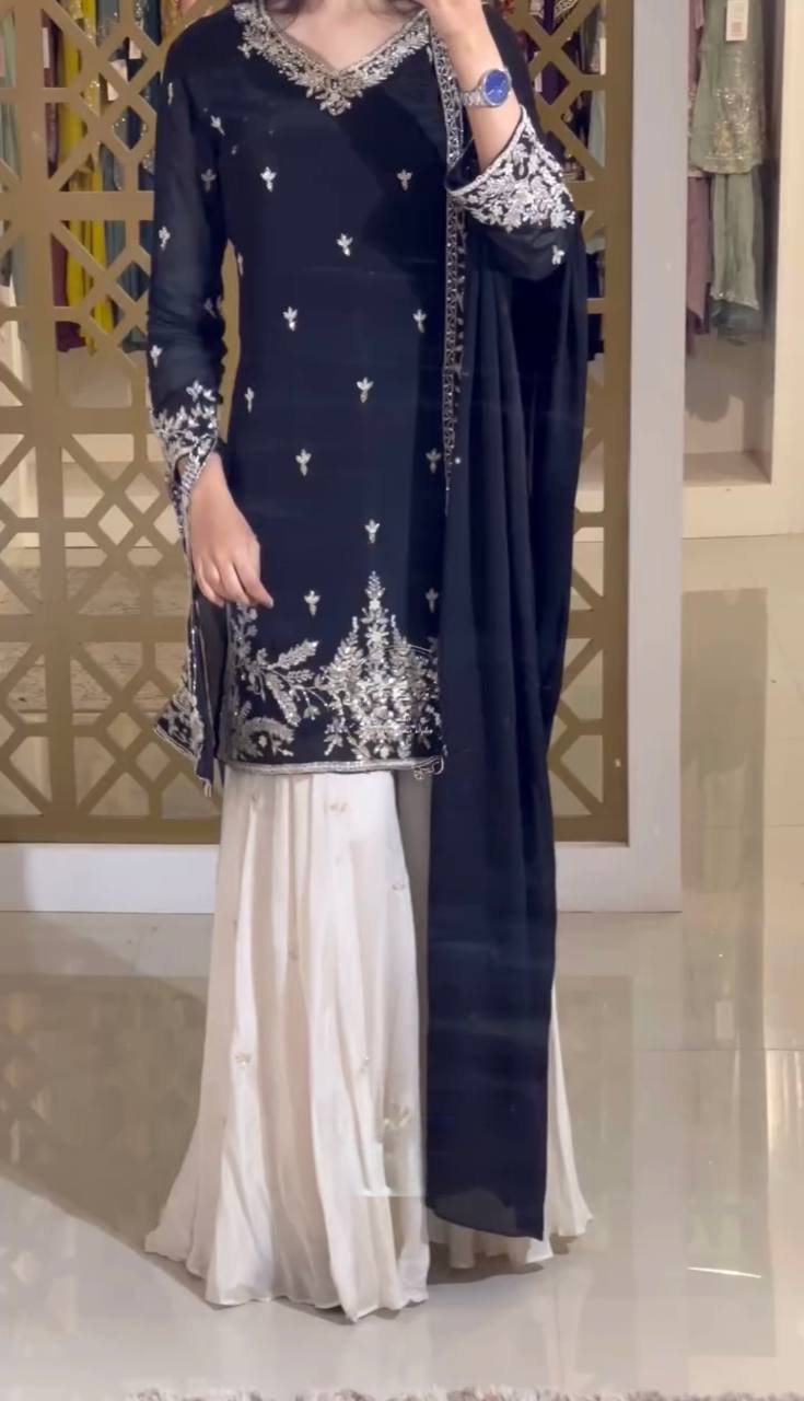 Designer Party Wear Heavy Chinon Silk Top, Palazzo & Dupatta Set