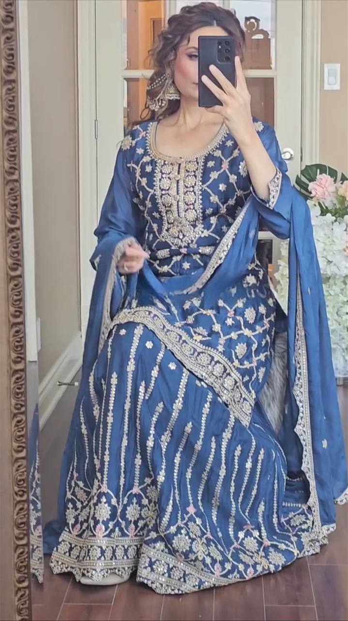 Stylish Chinnon Silk Embroidered Plazzo Set with Dupatta
