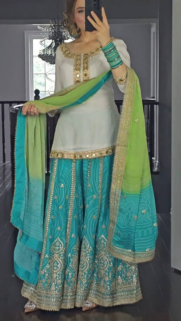 White Glamour Georgette Sharara Suit with Intricate Embroidery