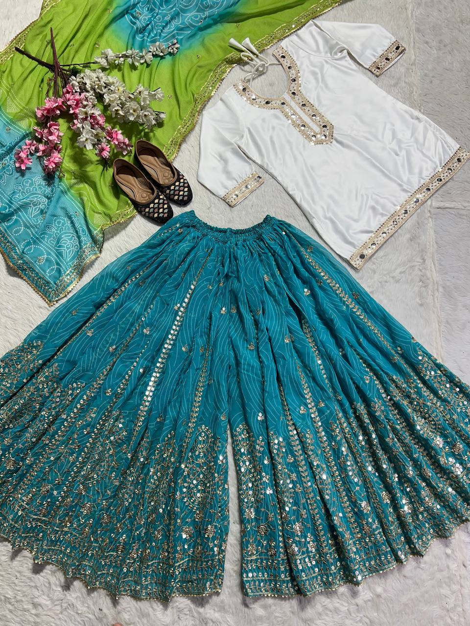 White Glamour Georgette Sharara Suit with Intricate Embroidery
