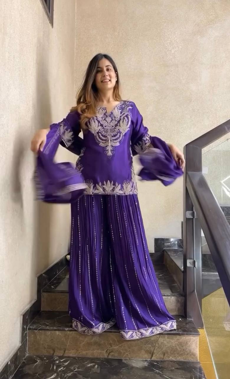 Stunning Sharara Suit in Pure Chinnon Silk with All Over Heavy Embroidery and Sequins Work