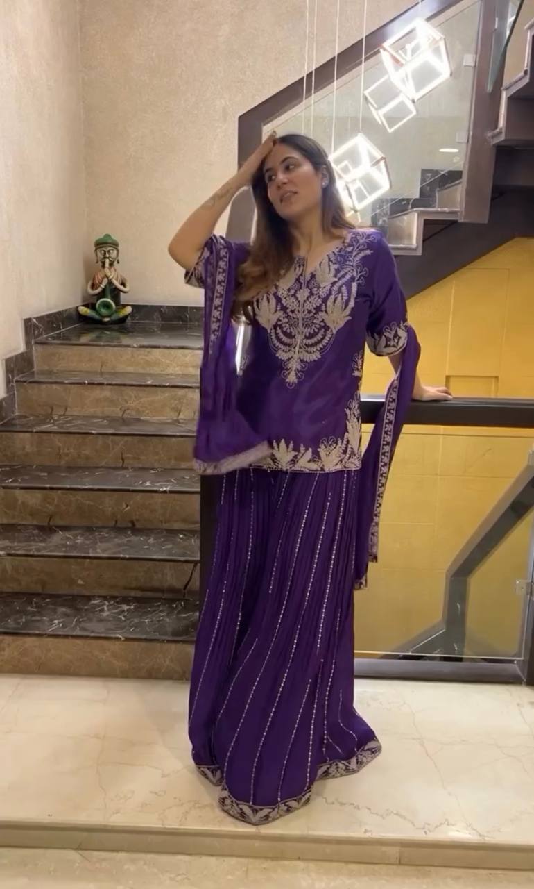 Stunning Sharara Suit in Pure Chinnon Silk with All Over Heavy Embroidery and Sequins Work