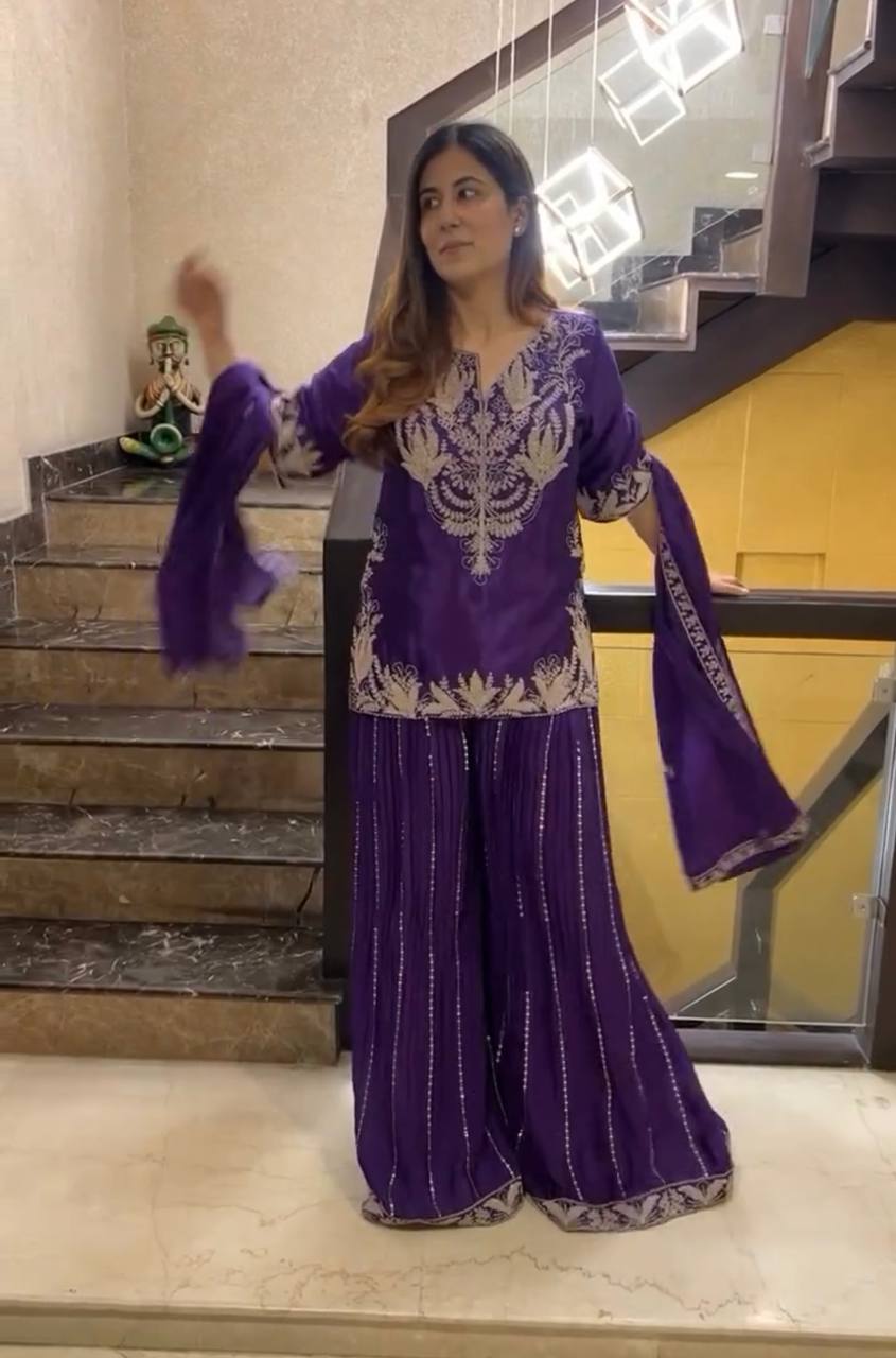Stunning Sharara Suit in Pure Chinnon Silk with All Over Heavy Embroidery and Sequins Work