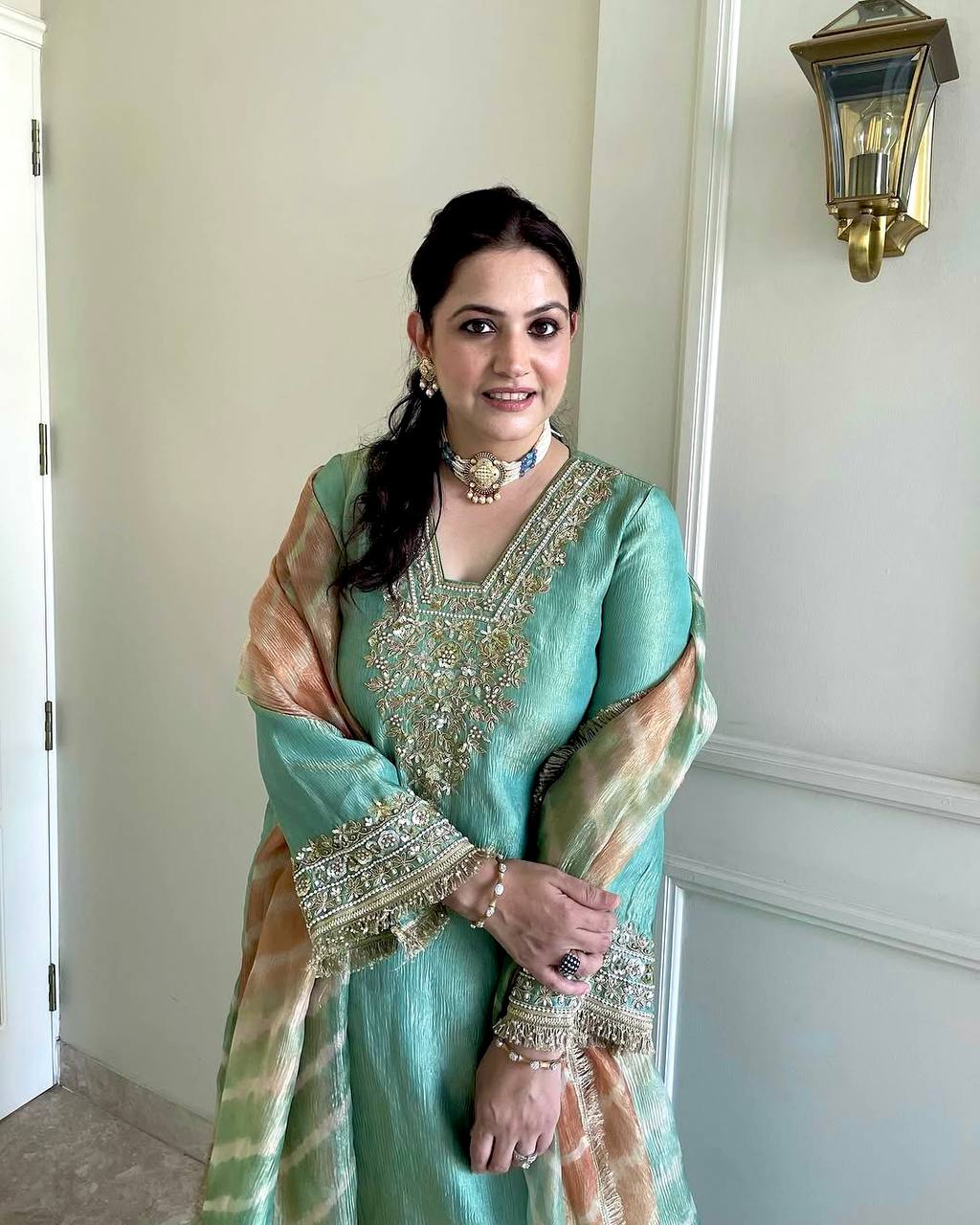Elegant Crunchy Silk Plazzo Suit Set with Embroidery Rivet Moti & Designer Dupatta