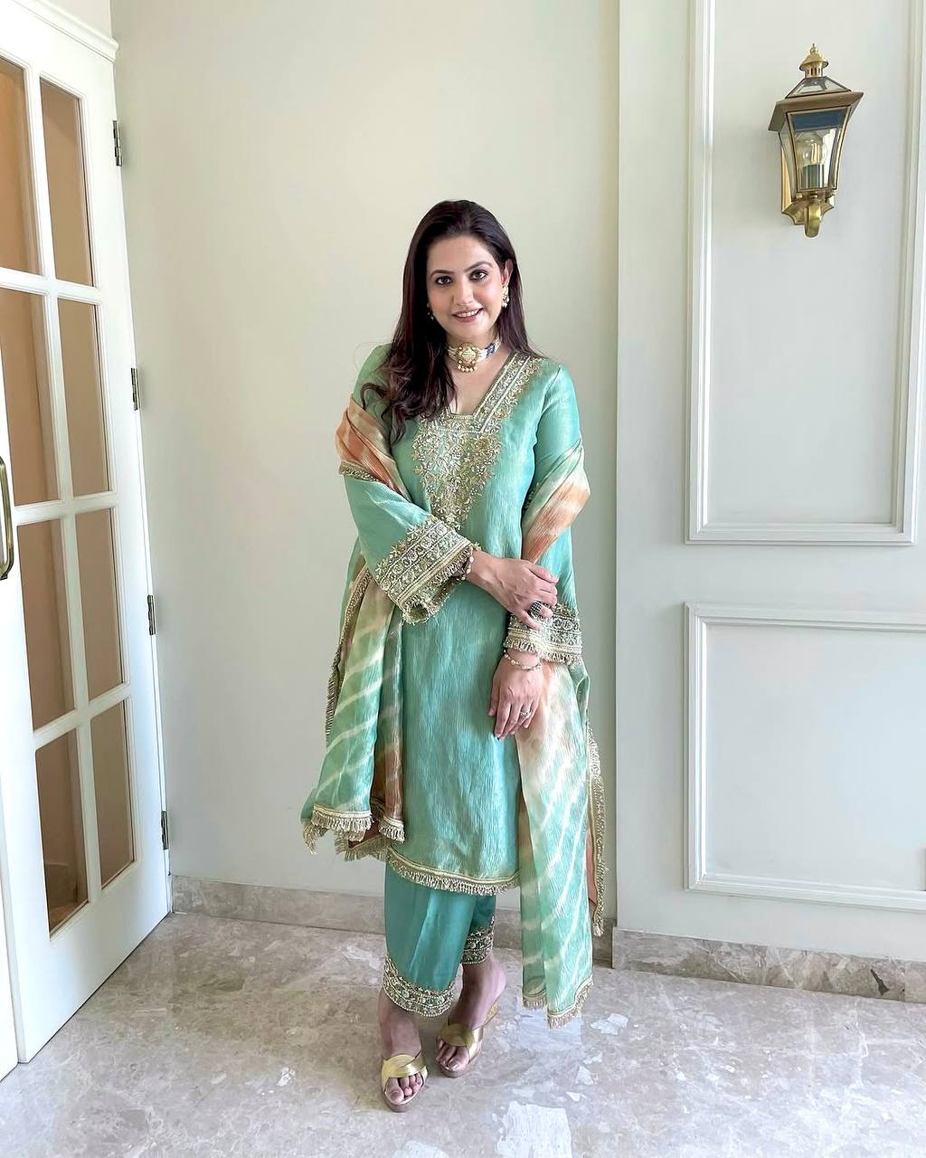 Elegant Crunchy Silk Plazzo Suit Set with Embroidery Rivet Moti & Designer Dupatta
