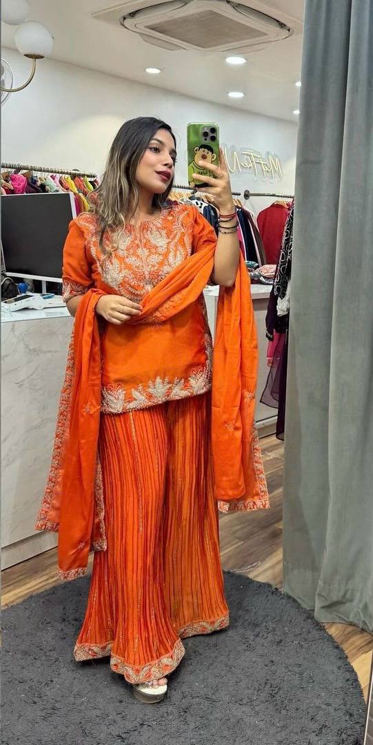 Stunning Sharara Suit in Pure Chinnon Silk with All Over Heavy Embroidery and Sequins Work