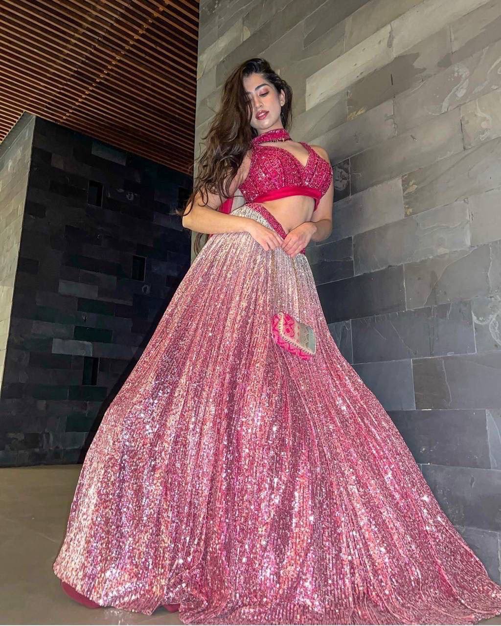 Elegant Pink Lehenga with Heavy Sequins for Festive Vibes