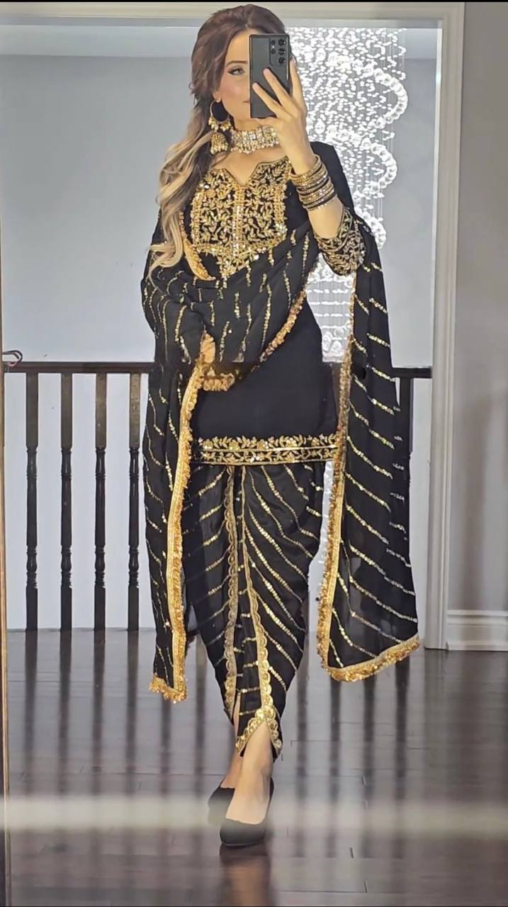 Designer Dhoti Style Suit in Heavy Pure Chinon with 5mm Sequence Embroidery Work