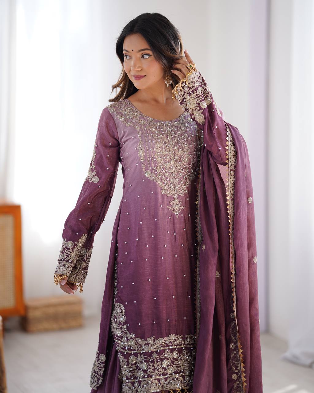 Elegant Light Purple Top Palazzo Chinon With Cording Sequence and River Moti Work