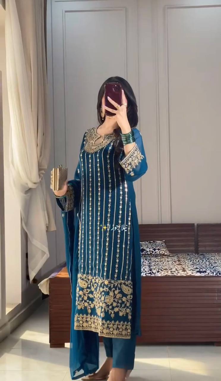 Premium Chinon Silk Suit Set with Embroidery Rivet Moti Work & Fancy Tassels