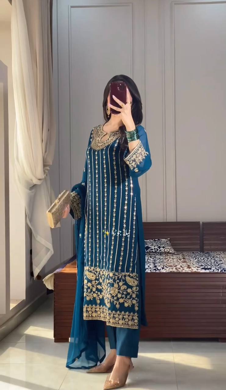 Premium Chinon Silk Suit Set with Embroidery Rivet Moti Work & Fancy Tassels