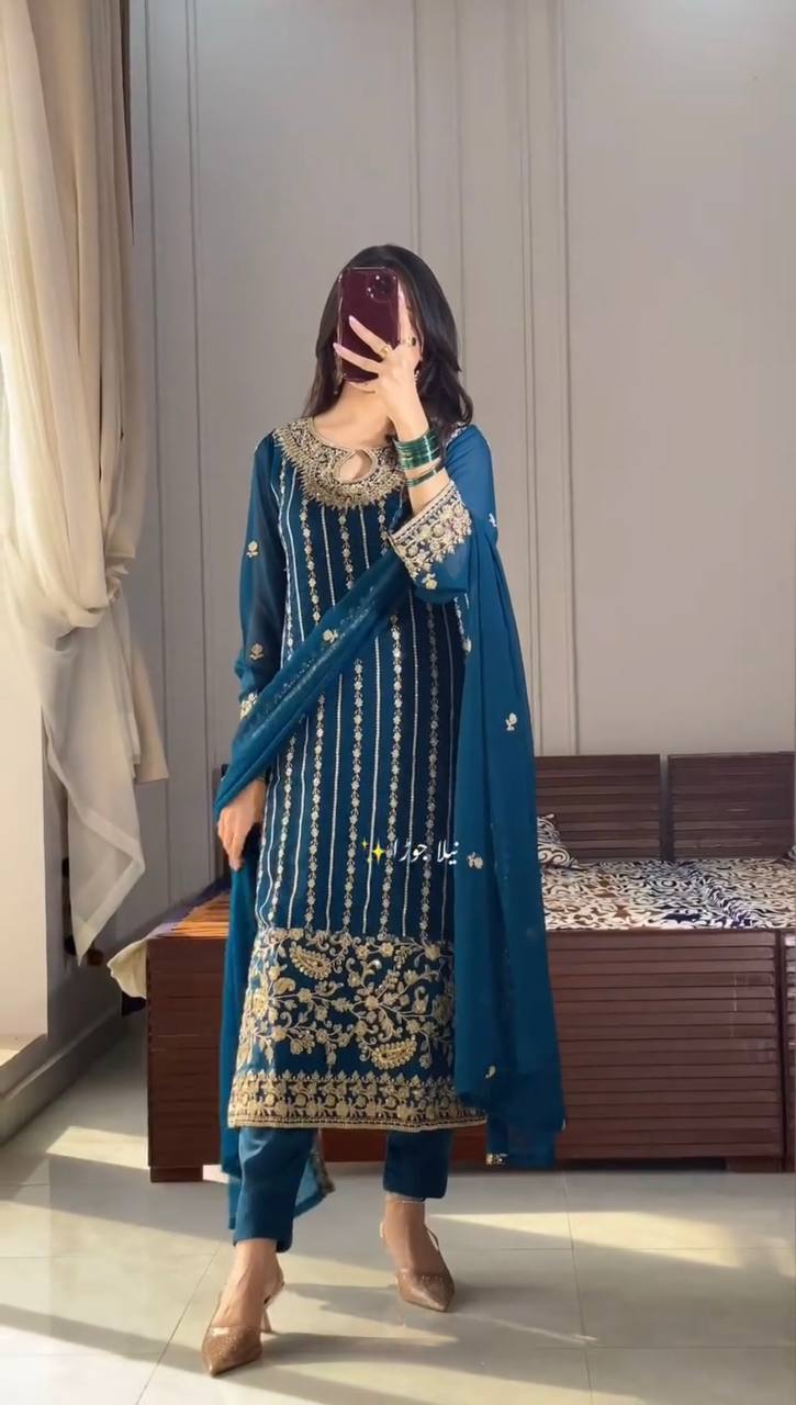 Premium Chinon Silk Suit Set with Embroidery Rivet Moti Work & Fancy Tassels