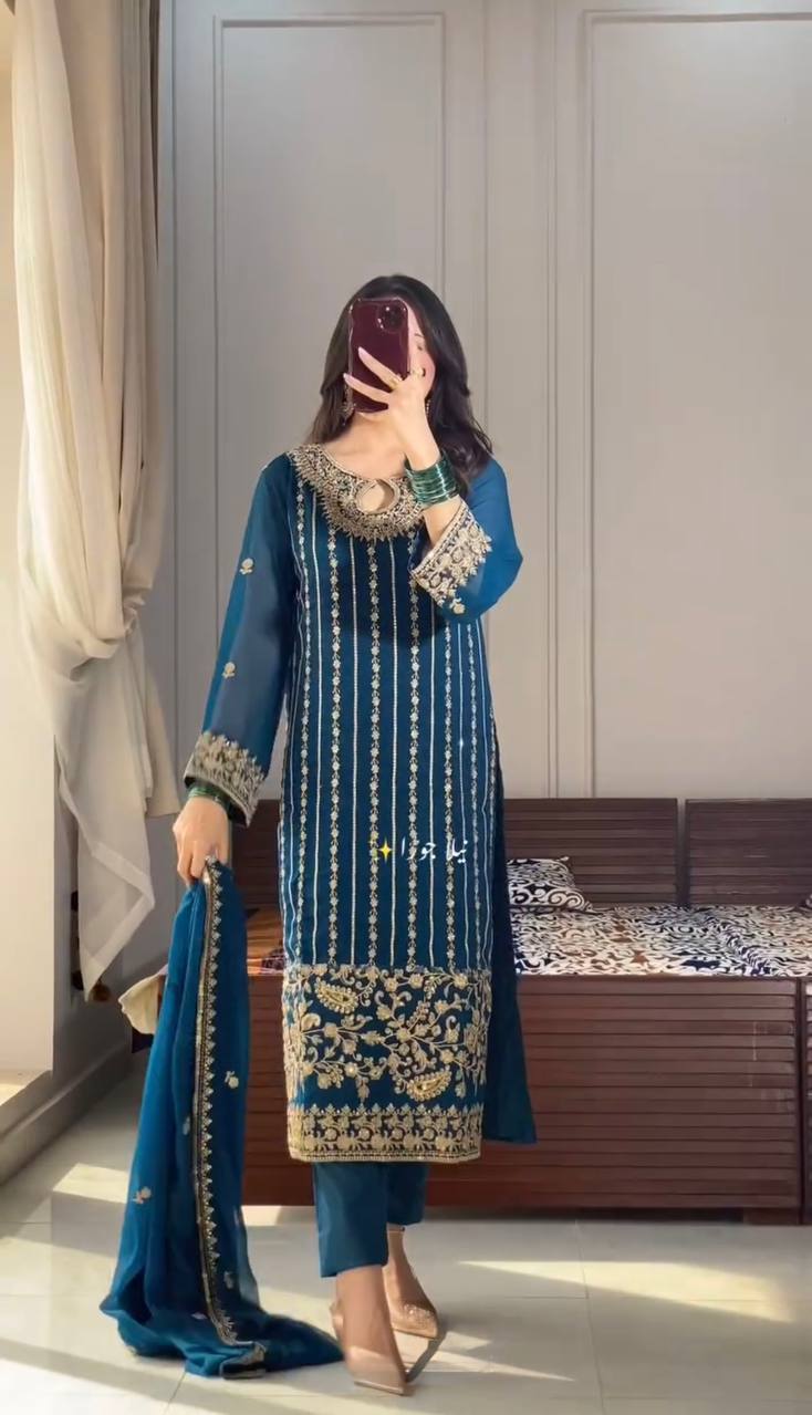 Premium Chinon Silk Suit Set with Embroidery Rivet Moti Work & Fancy Tassels