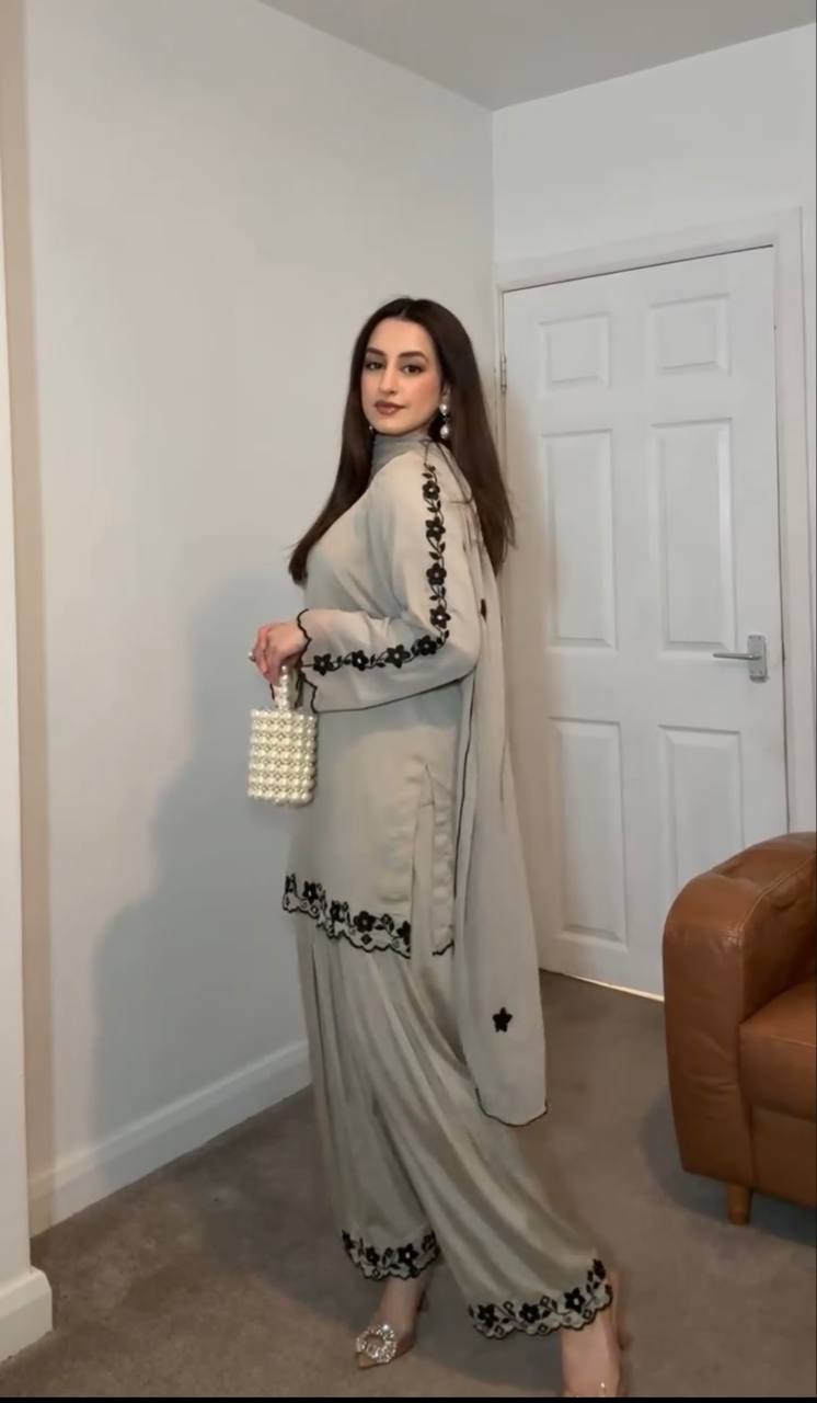 Sparkle with Grace Heavy Faux Georgette Embroidered Palazzo Suit