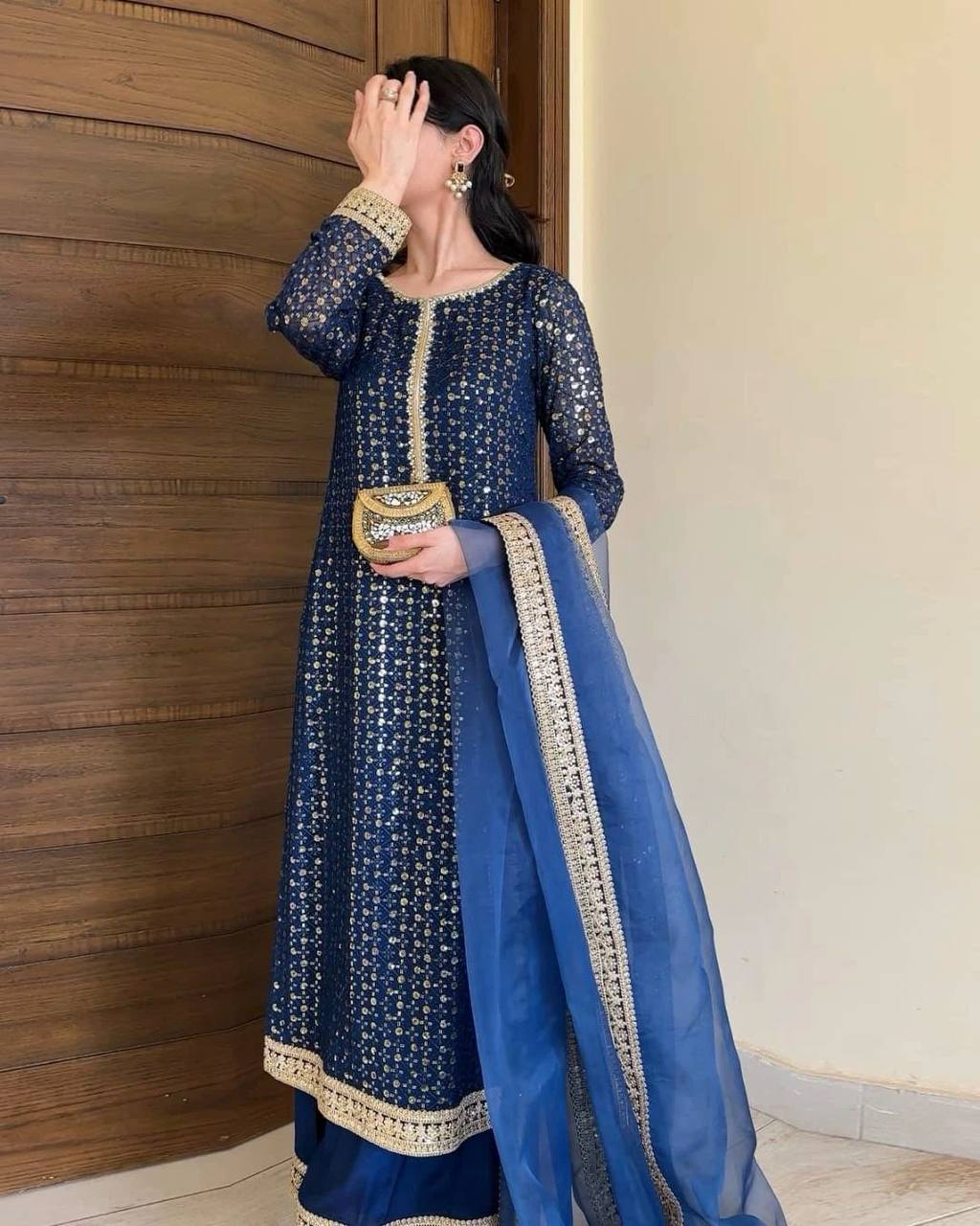 Elegant Allure Faux Georgette Embroidered Suit Set with Sequence Detailing