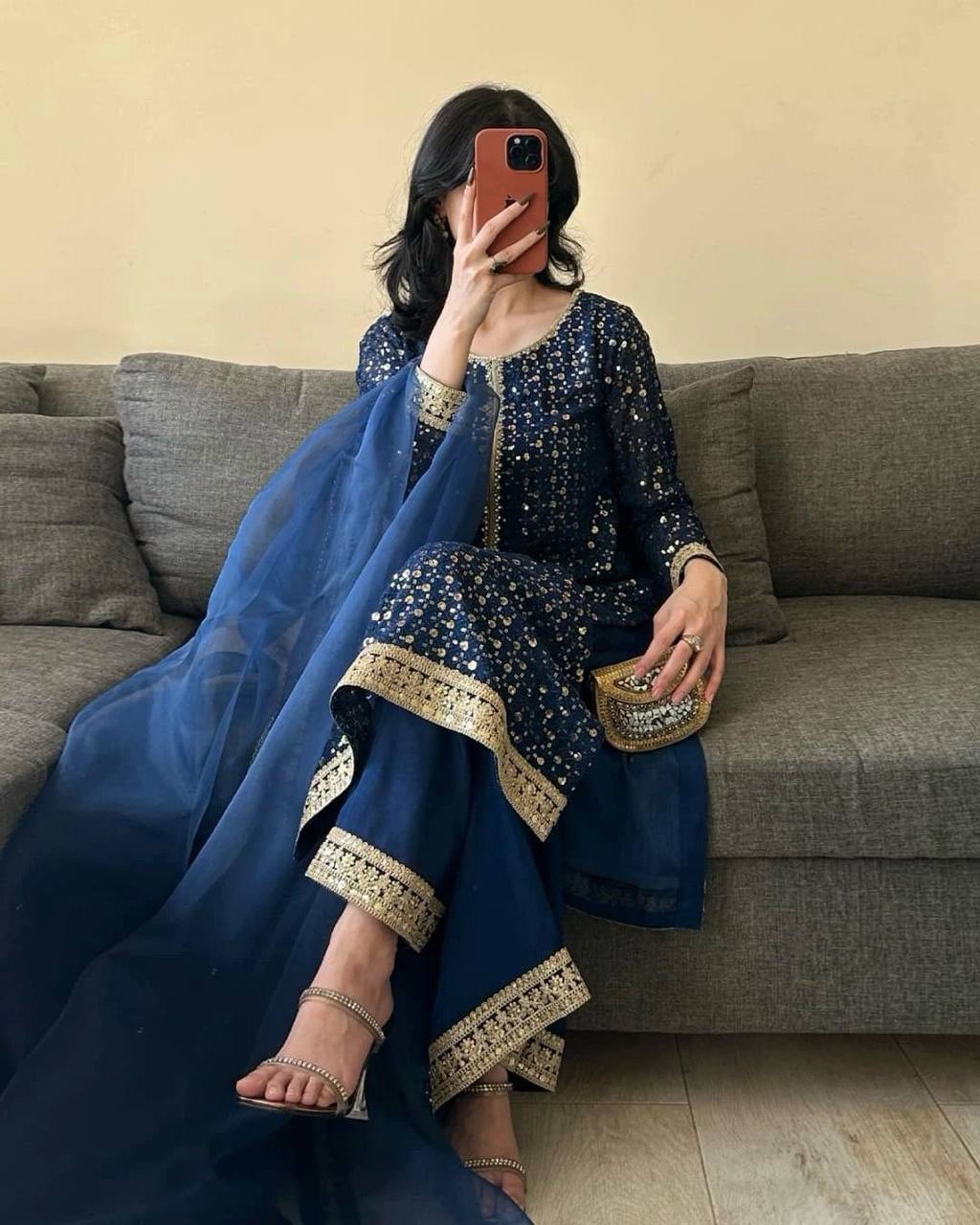 Elegant Allure Faux Georgette Embroidered Suit Set with Sequence Detailing