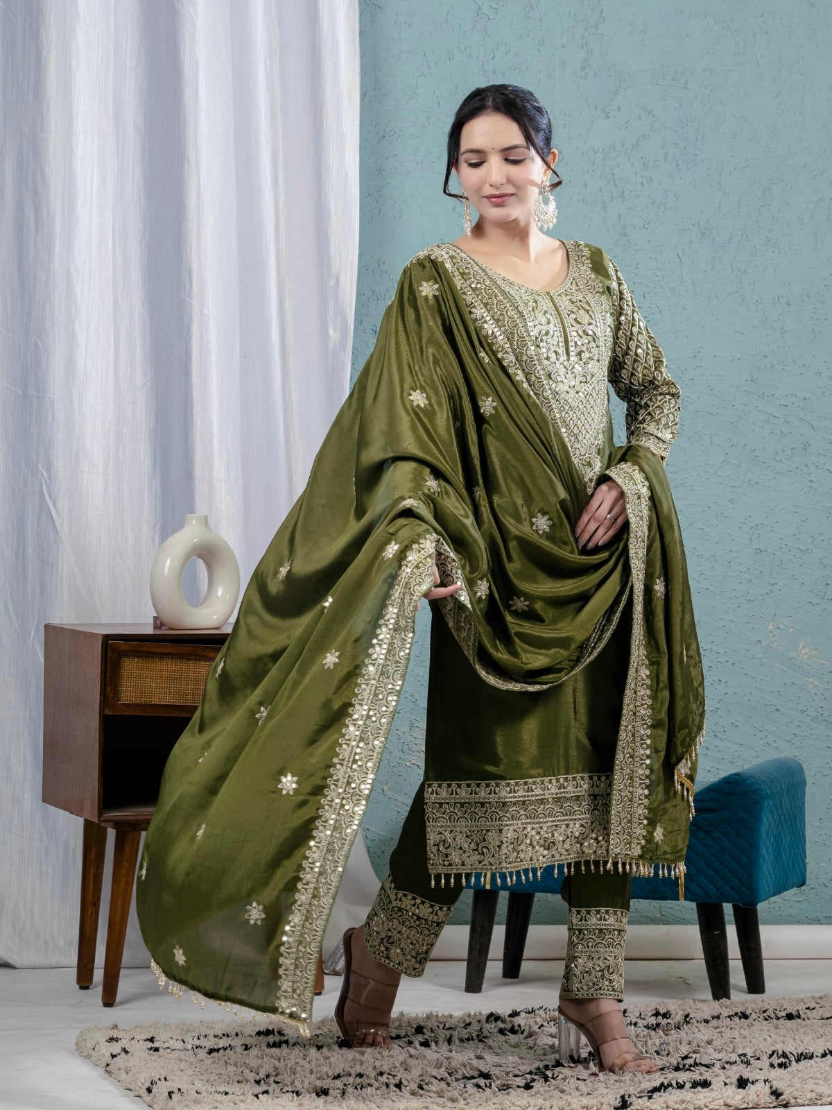 Premium Pure Chinnon Silk Suit Set with Heavy Embroidery & Coding Sequence Work