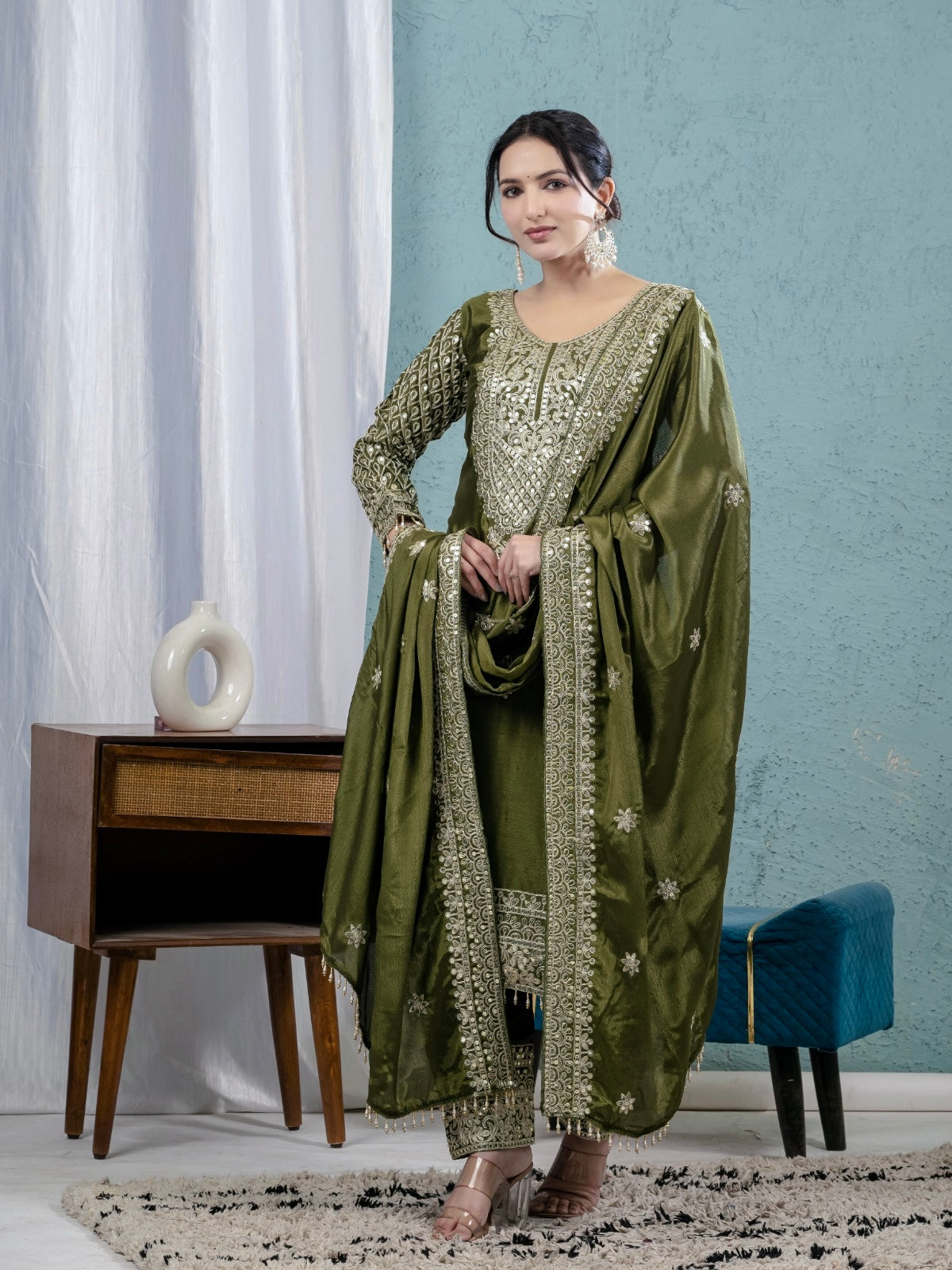 Premium Pure Chinnon Silk Suit Set with Heavy Embroidery & Coding Sequence Work