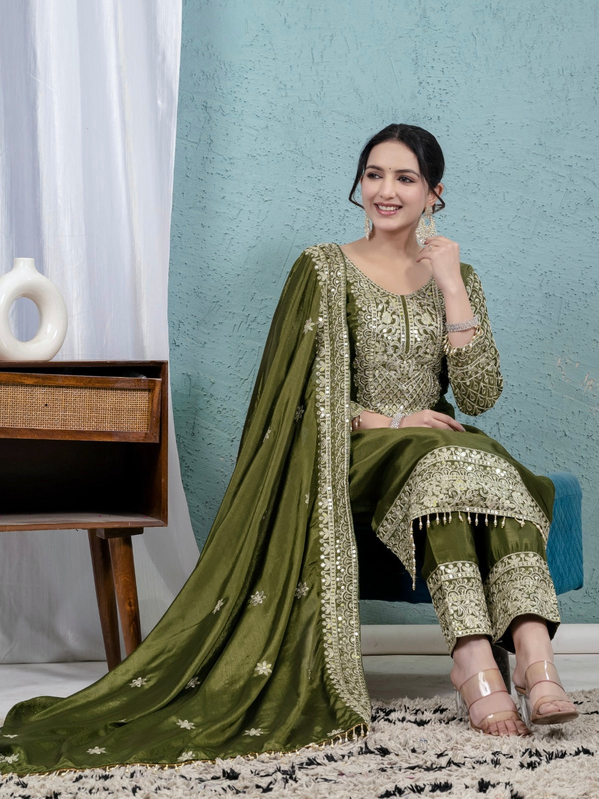 Premium Pure Chinnon Silk Suit Set with Heavy Embroidery & Coding Sequence Work