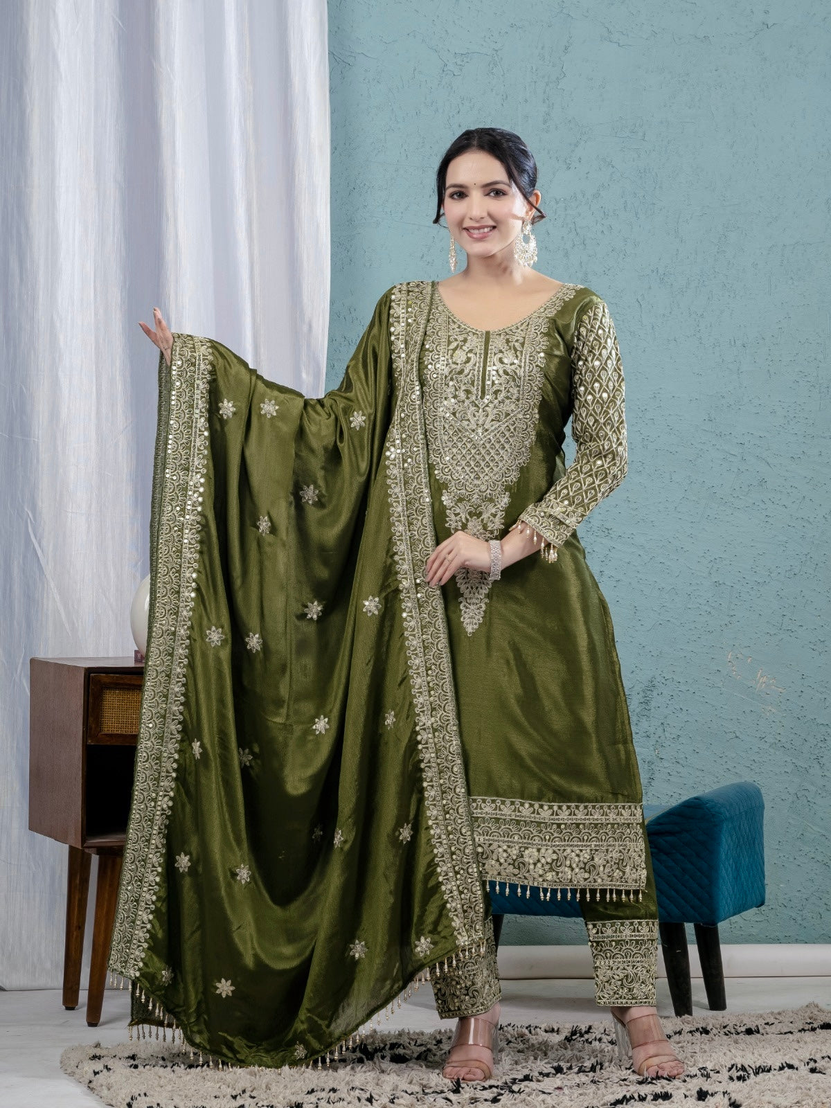 Premium Pure Chinnon Silk Suit Set with Heavy Embroidery & Coding Sequence Work