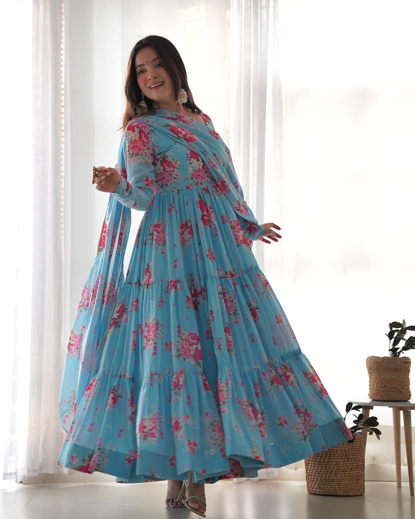 PURE SOFT FOX GEORGETTE FLORAL PRINT FABRIC FULLY FLAIR ANARKALI,WITH DUPPTA SET,PENT READY TO WEAR