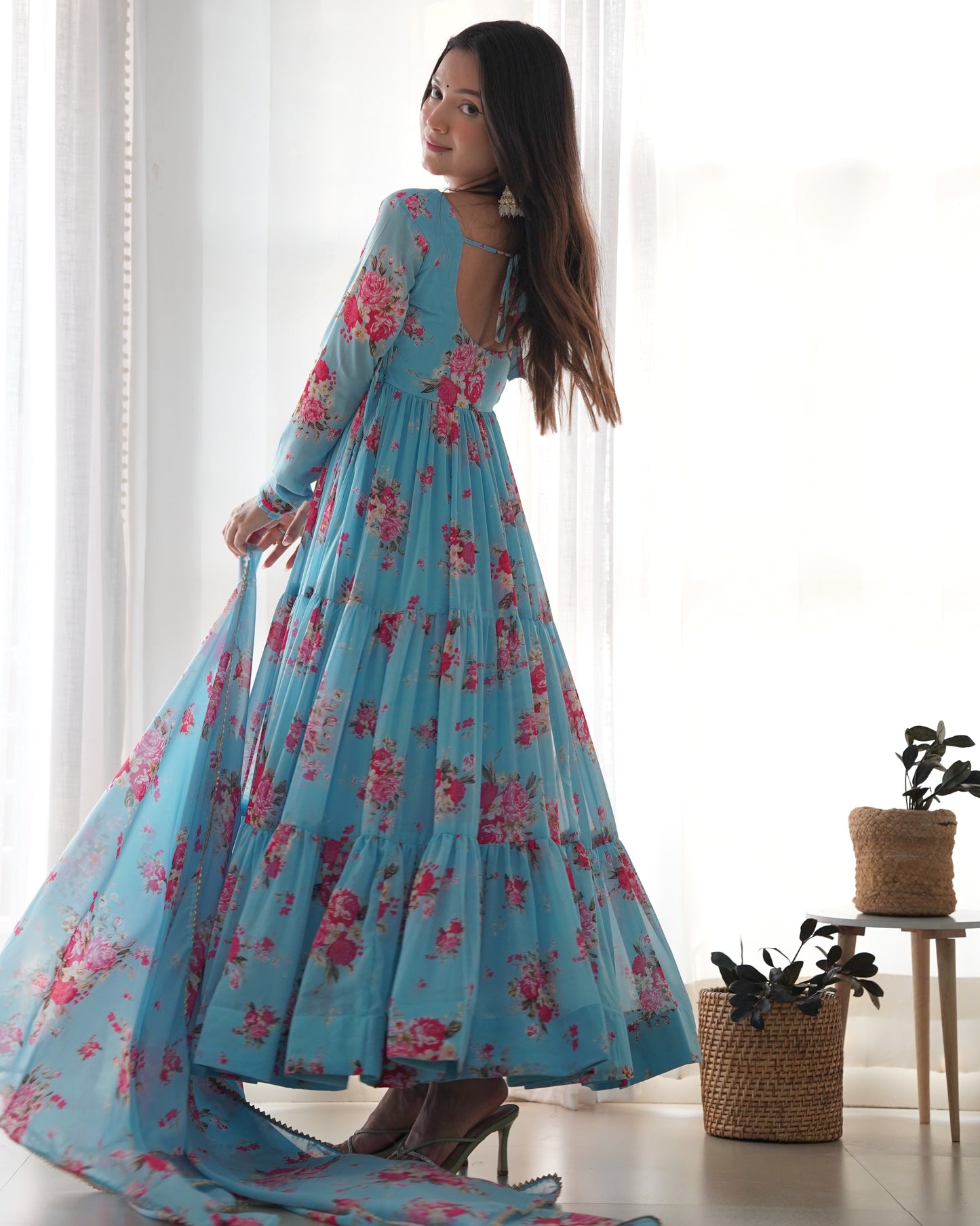 PURE SOFT FOX GEORGETTE FLORAL PRINT FABRIC FULLY FLAIR ANARKALI,WITH DUPPTA SET,PENT READY TO WEAR