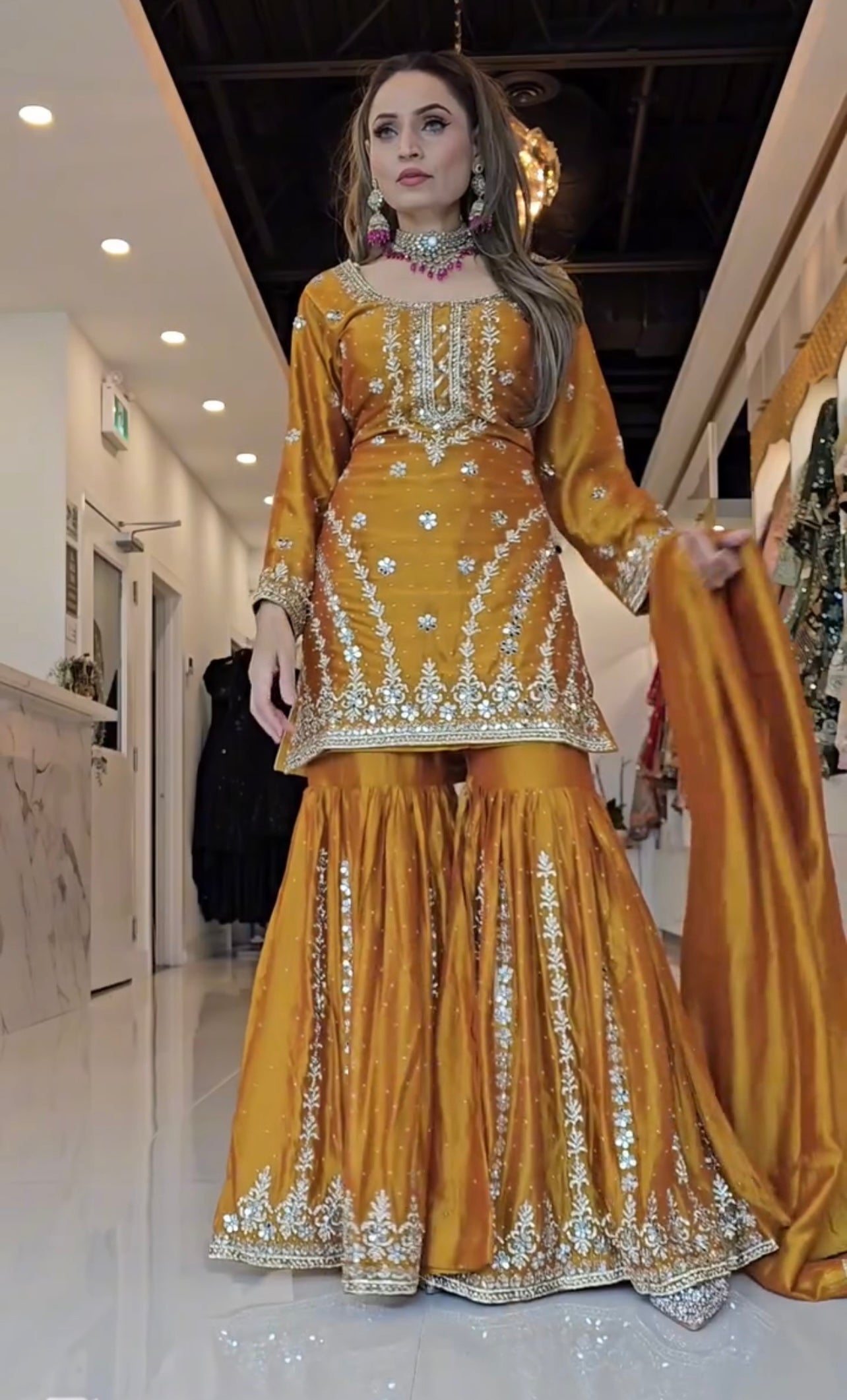 Mustard Elegant Chinnon Silk Sharara Plazzo Set with Diamond Embroidery & Fancy Detailing