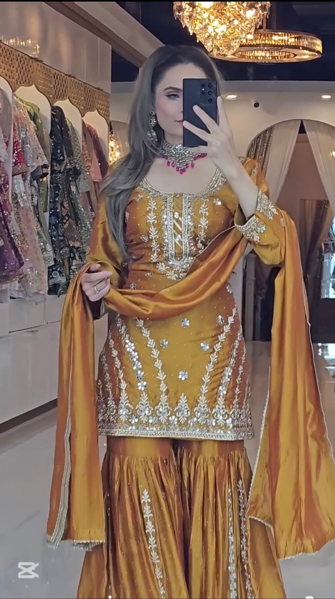 Mustard Elegant Chinnon Silk Sharara Plazzo Set with Diamond Embroidery & Fancy Detailing