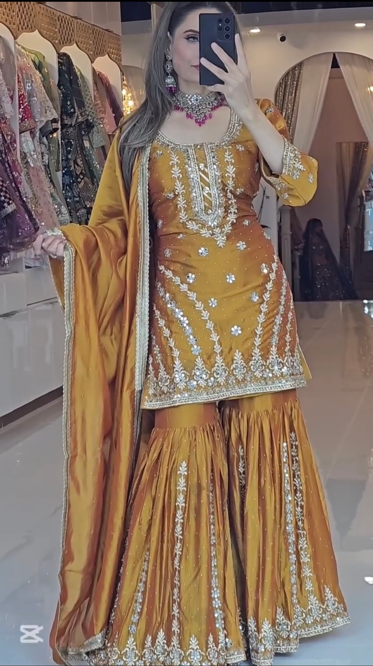 Mustard Elegant Chinnon Silk Sharara Plazzo Set with Diamond Embroidery & Fancy Detailing