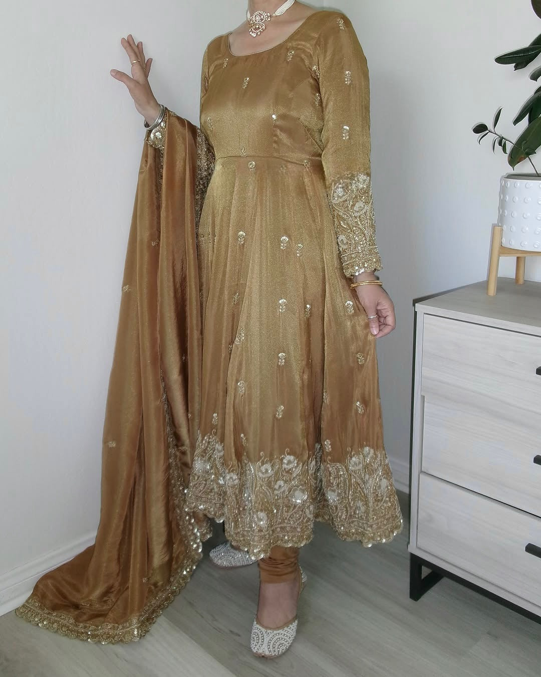 Fabulous Jimmy Choo Beige Anarkali Gown with Embroidery & Sequence Work