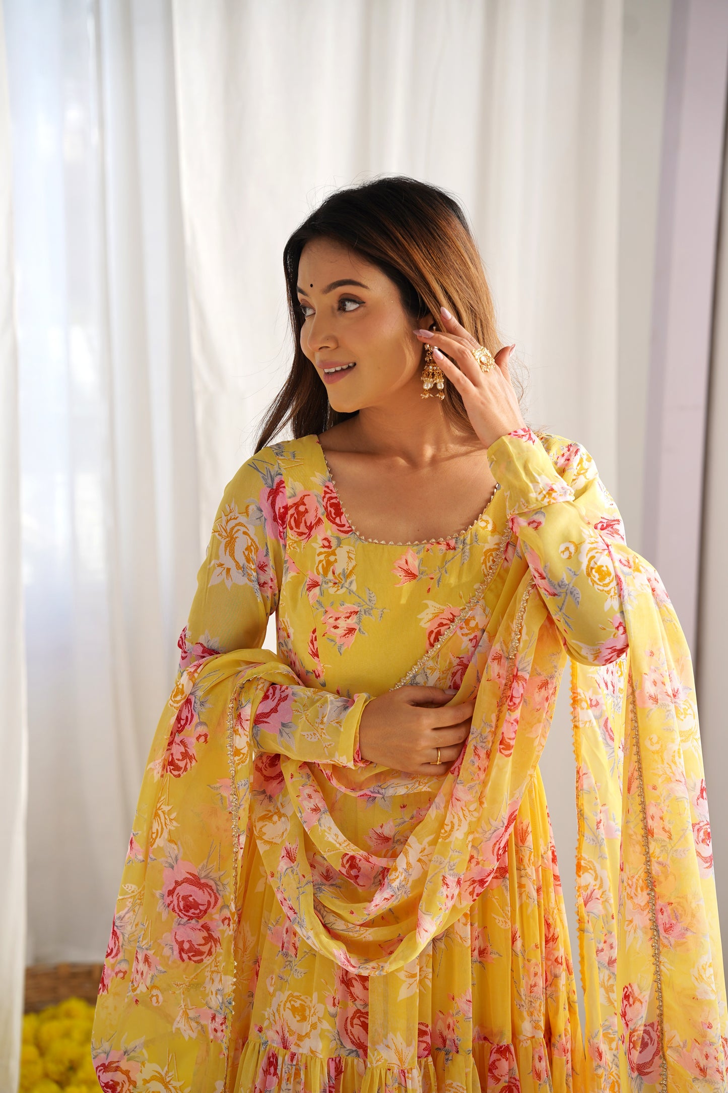 PURE SOFT FOX GEORGETTE YELLOW FLORAL PRINT FABRIC FULLY FLAIR ANARKALI,WITH DUPPTA SET,PENT READY TO WEAR