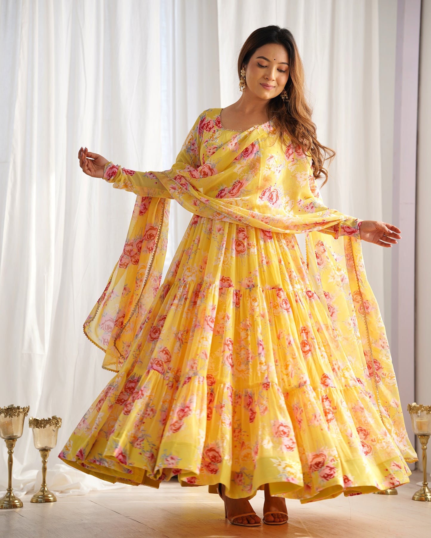 PURE SOFT FOX GEORGETTE YELLOW FLORAL PRINT FABRIC FULLY FLAIR ANARKALI,WITH DUPPTA SET,PENT READY TO WEAR