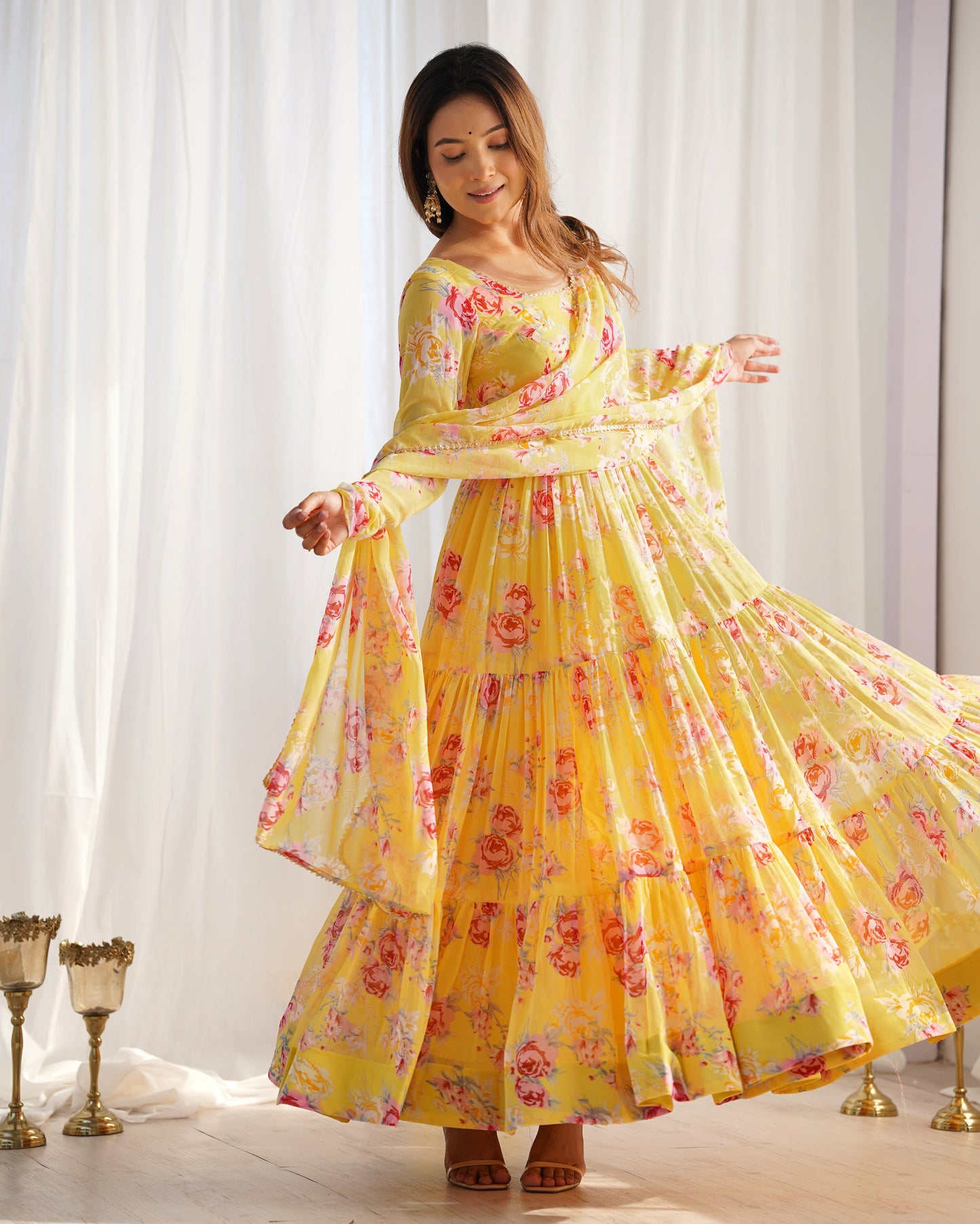 PURE SOFT FOX GEORGETTE YELLOW FLORAL PRINT FABRIC FULLY FLAIR ANARKALI,WITH DUPPTA SET,PENT READY TO WEAR