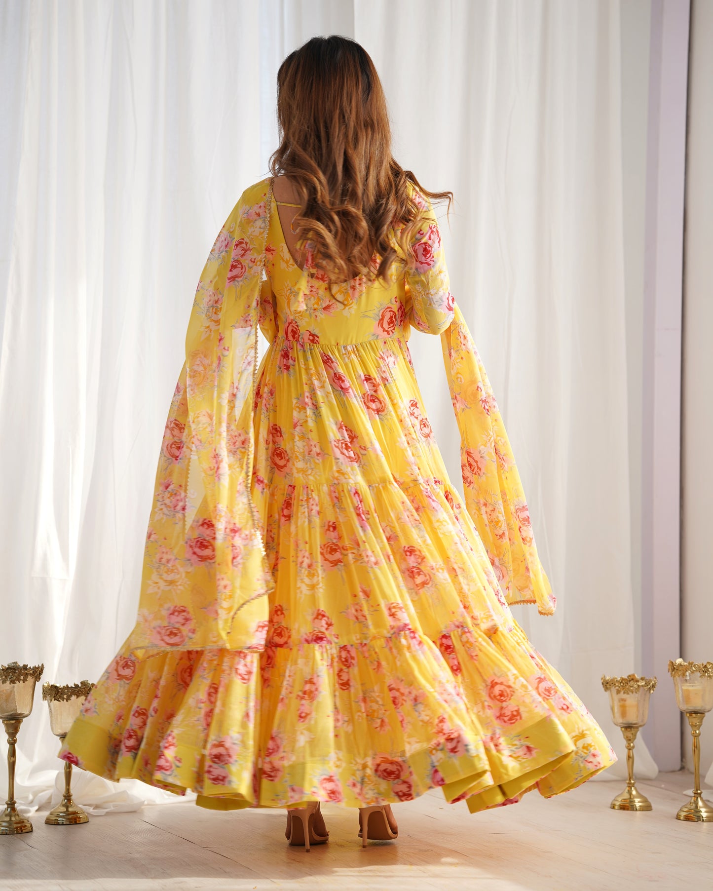 PURE SOFT FOX GEORGETTE YELLOW FLORAL PRINT FABRIC FULLY FLAIR ANARKALI,WITH DUPPTA SET,PENT READY TO WEAR