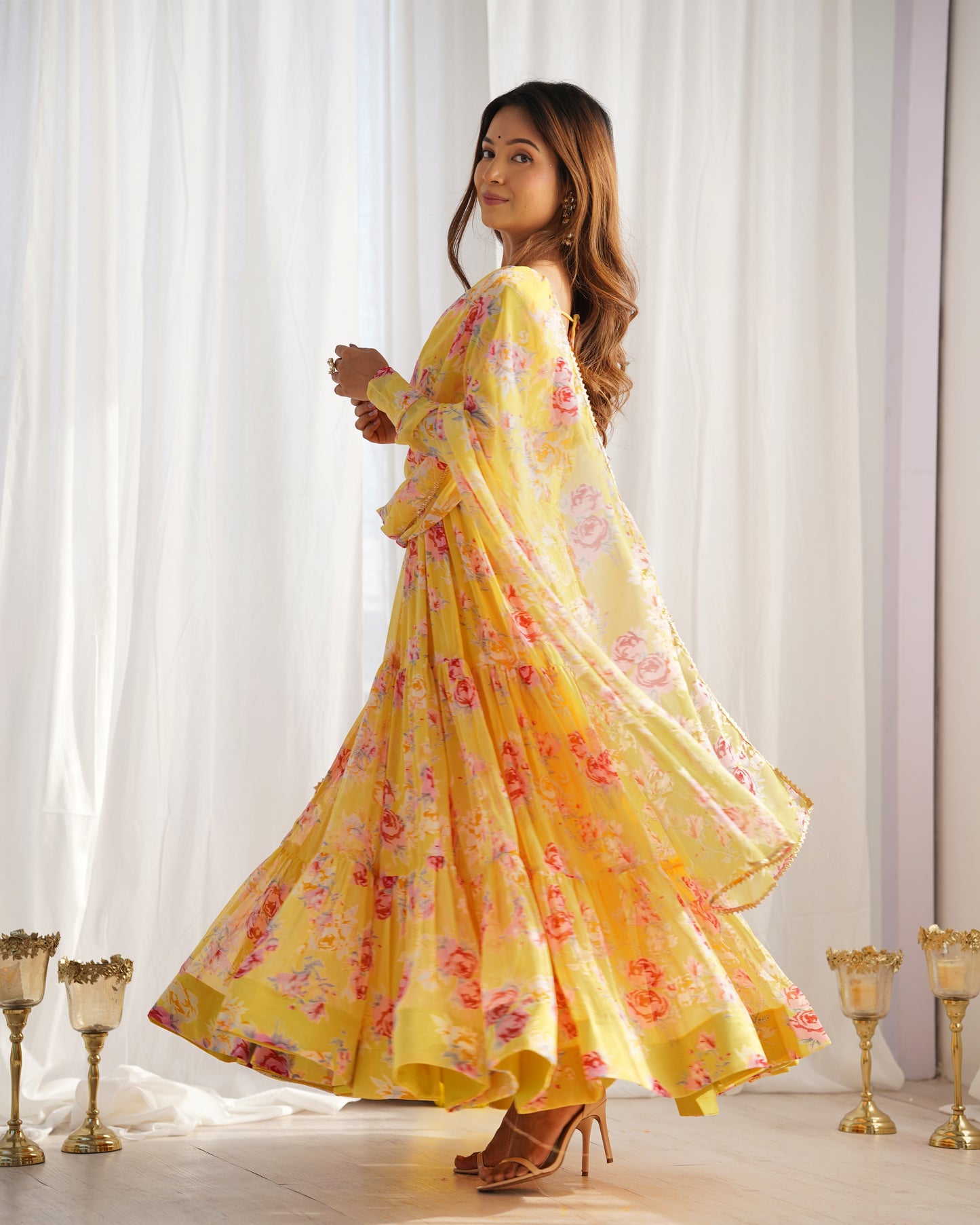 PURE SOFT FOX GEORGETTE YELLOW FLORAL PRINT FABRIC FULLY FLAIR ANARKALI,WITH DUPPTA SET,PENT READY TO WEAR