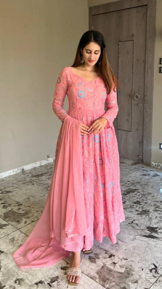 Baby Pink Anarkali Kurta Set with Beautiful Embroidery and Dupatta