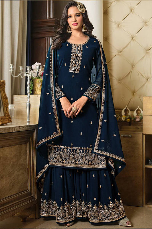 Navy Blue Straight Cut Georgette Sharara Suit